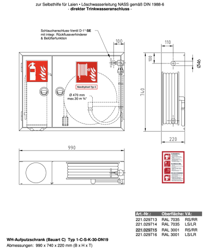 Jockel Wandhydrantenschrank Typ S Wandhydrant, Selbsthilfe, inkl. Feuerlöscherfach